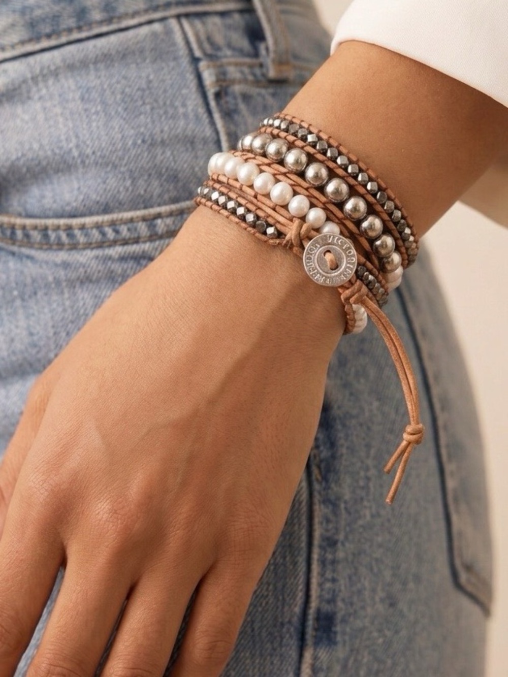 Victoria Emerson Fresh Water Pearls Hematite Leather Wrap Bracelet